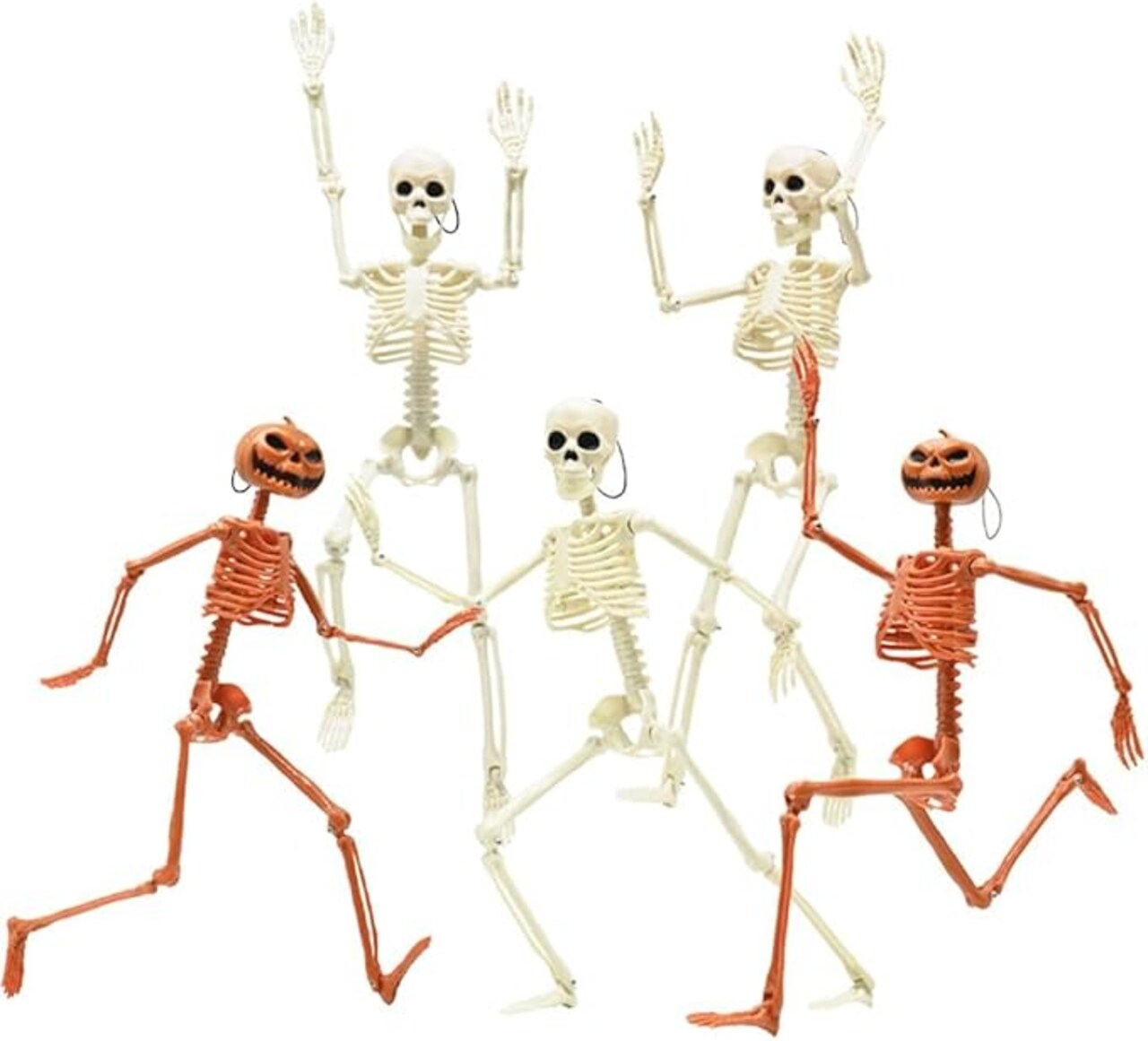 5 Packs Halloween Plastic Skeleton, 16" Posable Skeleton Decoration, Halloween Full Body Skeleton with Movable Joints, Realistic Pumpkin Skeletons for Halloween Haunted House Graveyard Props Decor